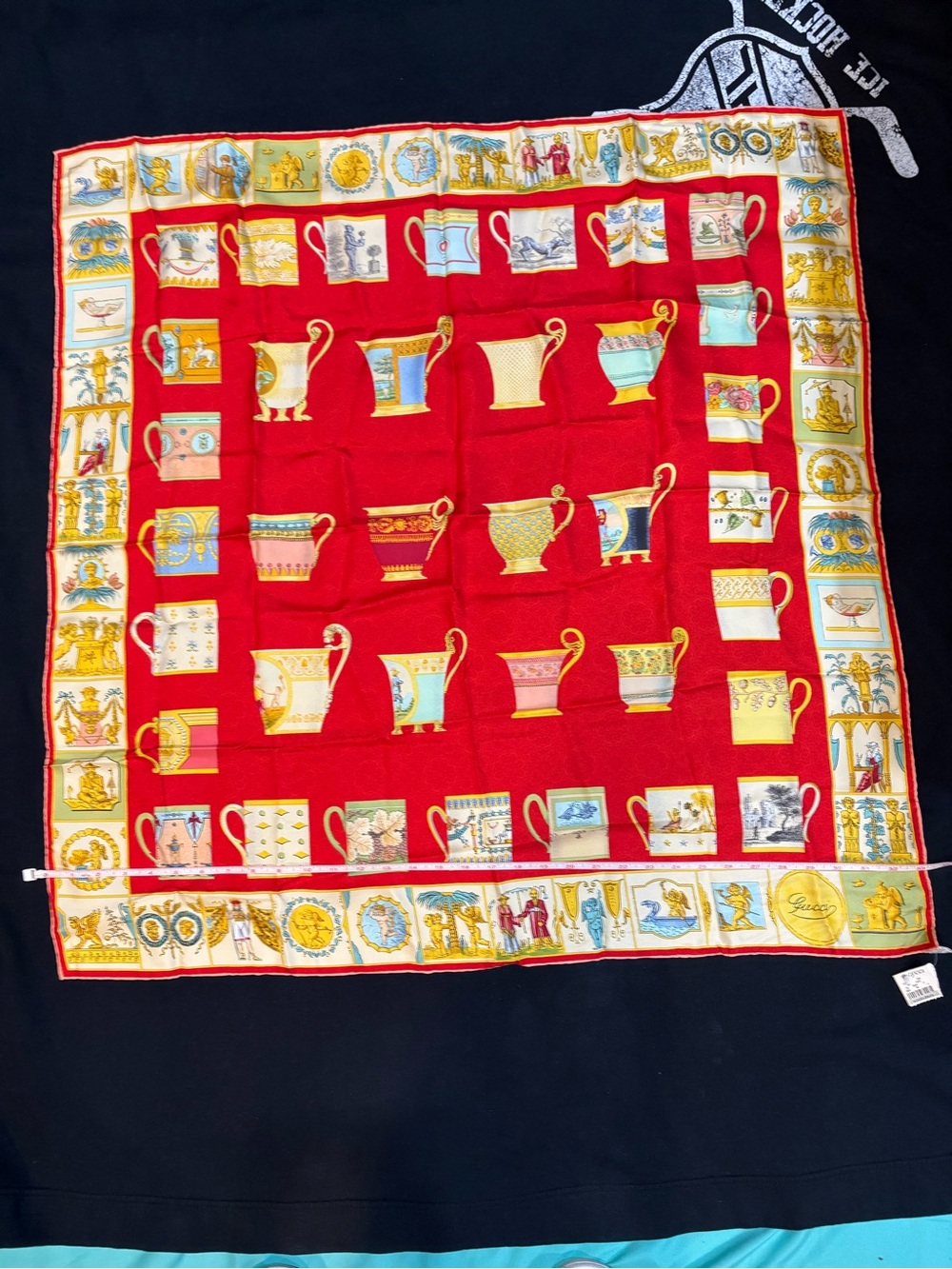 Vintage Gucci red and yellow tea cup/mug pattern silk scarf